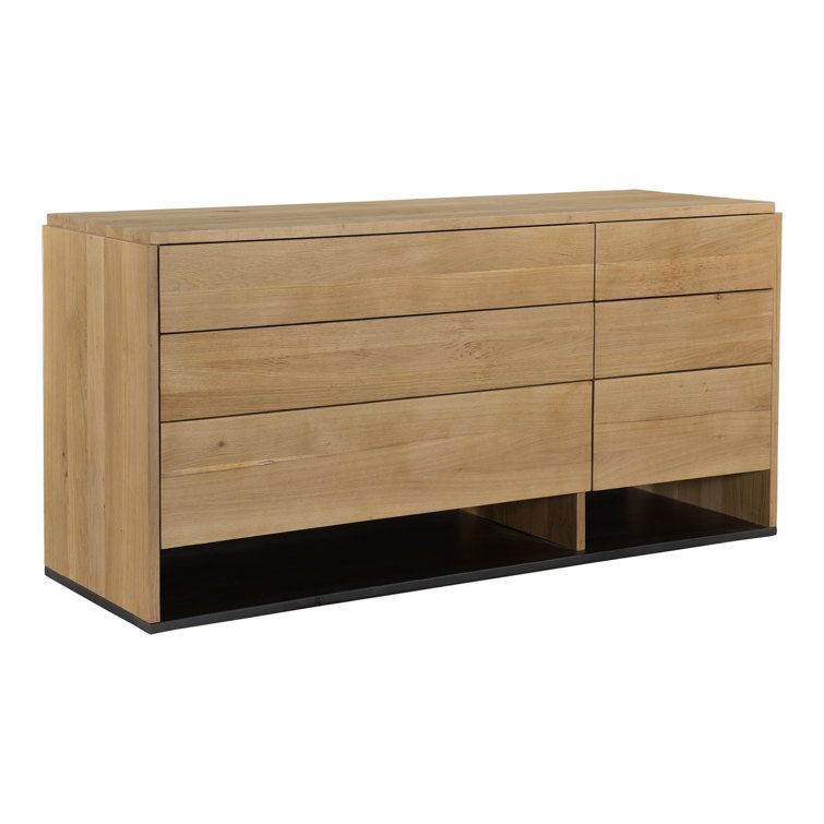 Double Natural Oak 6-Drawer Dresser with Matte Black Base