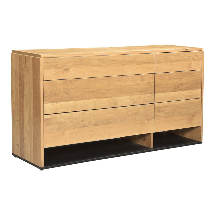 Double Natural Oak 6-Drawer Dresser with Matte Black Base