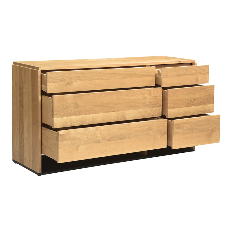 Double Natural Oak 6-Drawer Dresser with Matte Black Base