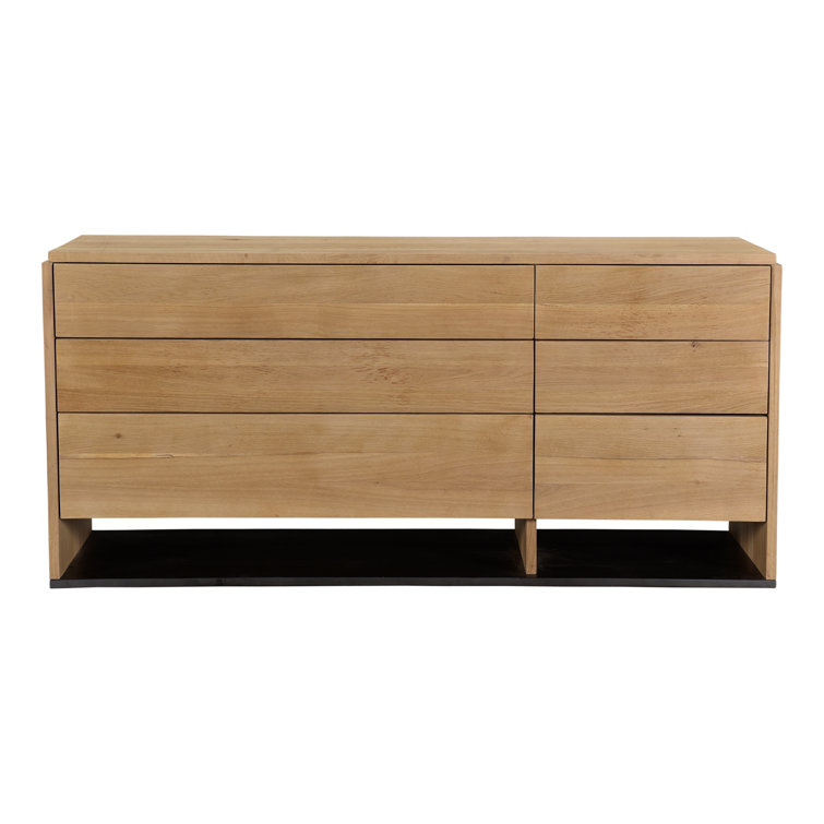 Double Natural Oak 6-Drawer Dresser with Matte Black Base