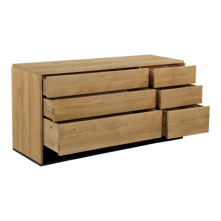Double Natural Oak 6-Drawer Dresser with Matte Black Base