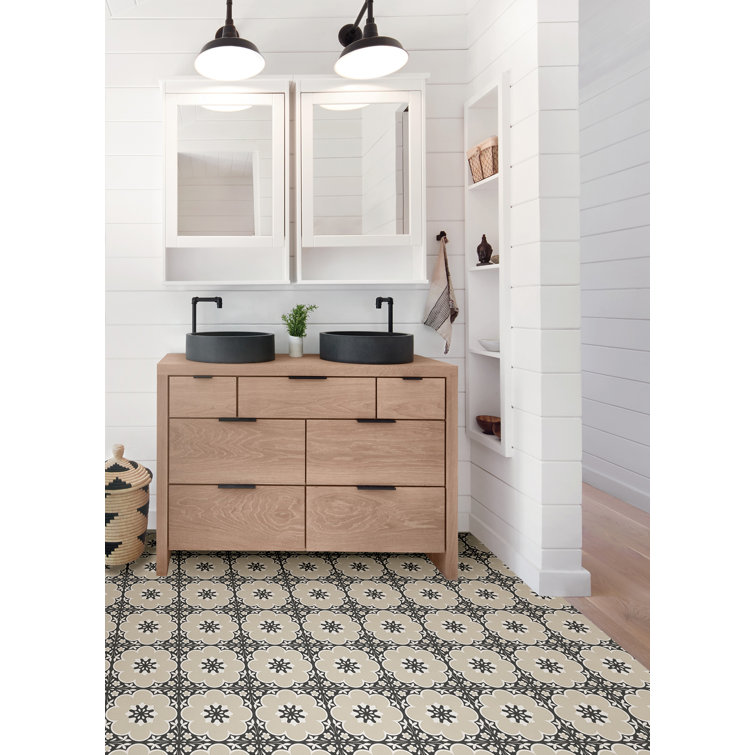 Black and Tan Floral Vinyl Peel and Stick Floor Tiles