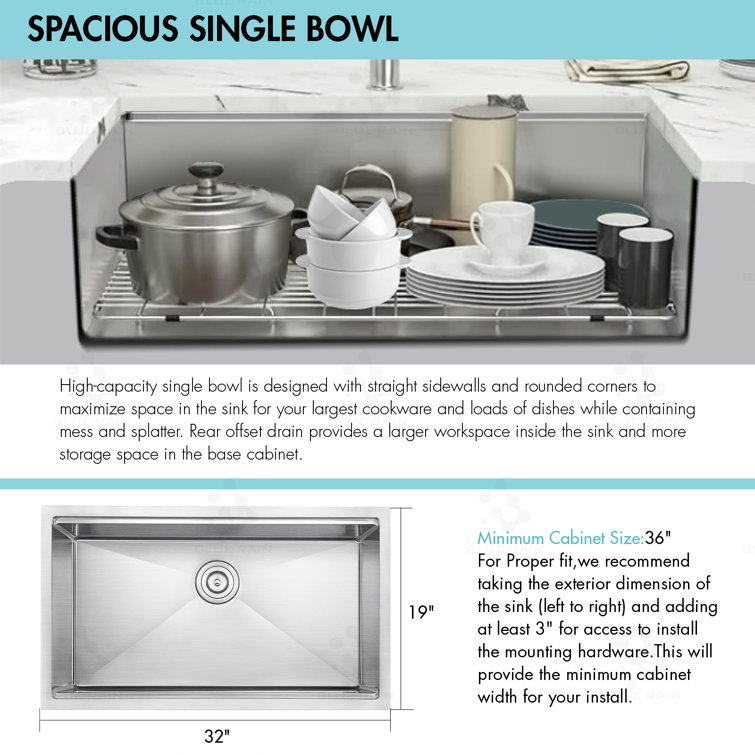 32'' Stainless Steel Undermount Single Bowl Kitchen Sink with Accessories