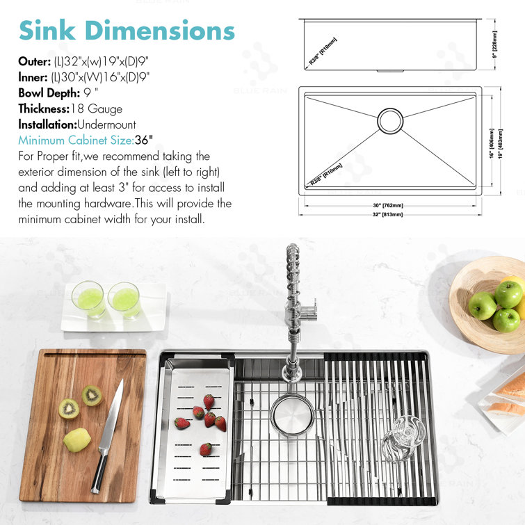 32'' Stainless Steel Undermount Single Bowl Kitchen Sink with Accessories
