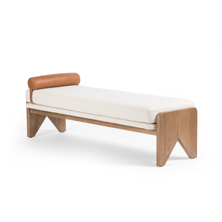White Upholstered Bench with Ash Base and Leather Bolster