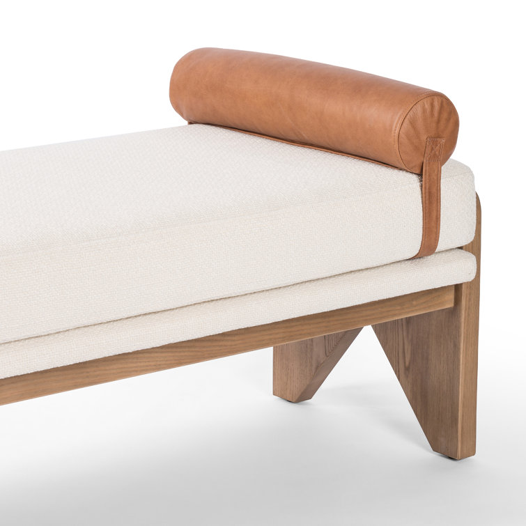 White Upholstered Bench with Ash Base and Leather Bolster