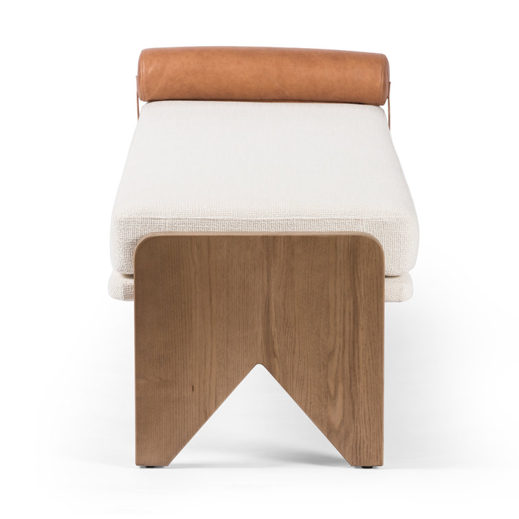 White Upholstered Bench with Ash Base and Leather Bolster