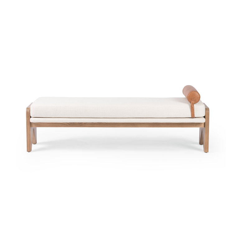 White Upholstered Bench with Ash Base and Leather Bolster