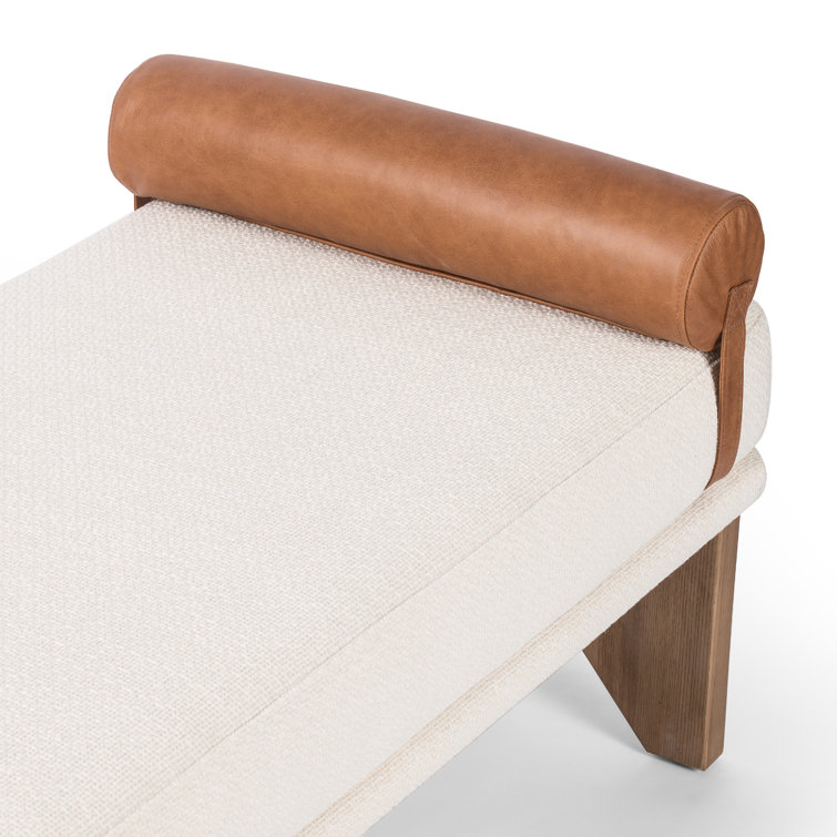 White Upholstered Bench with Ash Base and Leather Bolster