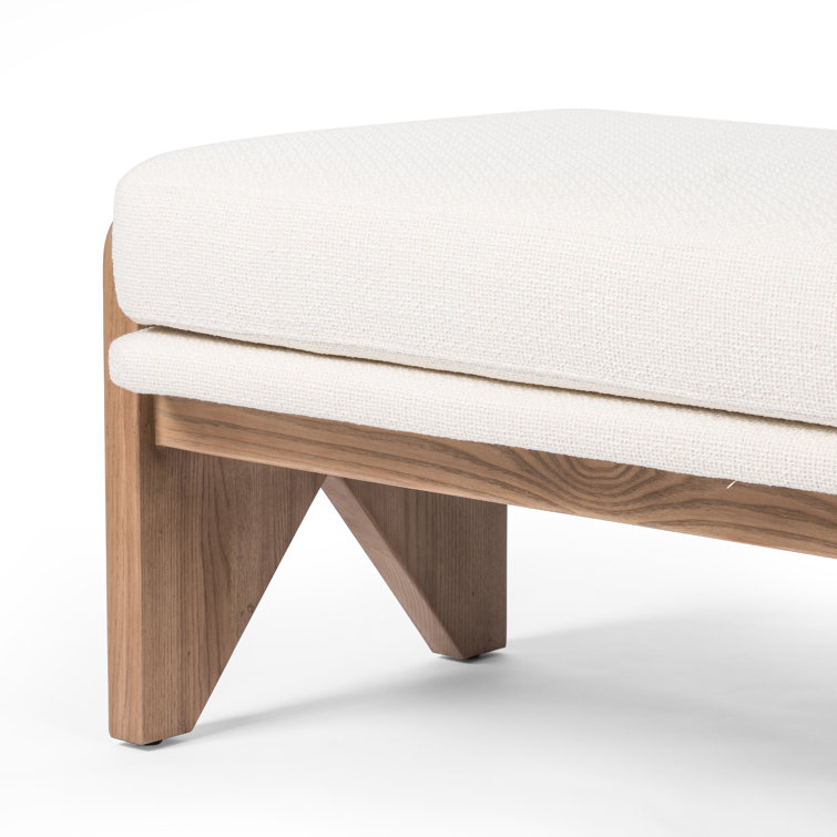 White Upholstered Bench with Ash Base and Leather Bolster