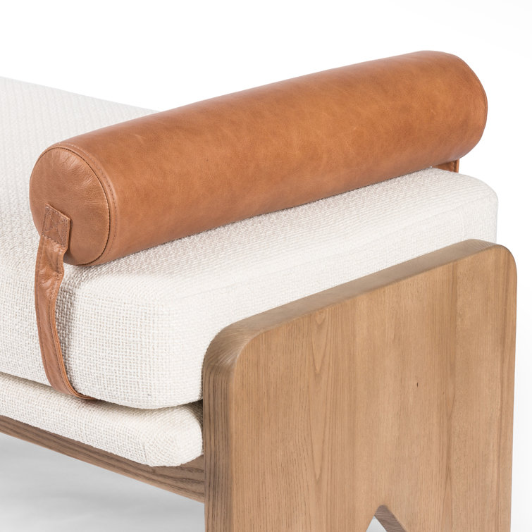 White Upholstered Bench with Ash Base and Leather Bolster