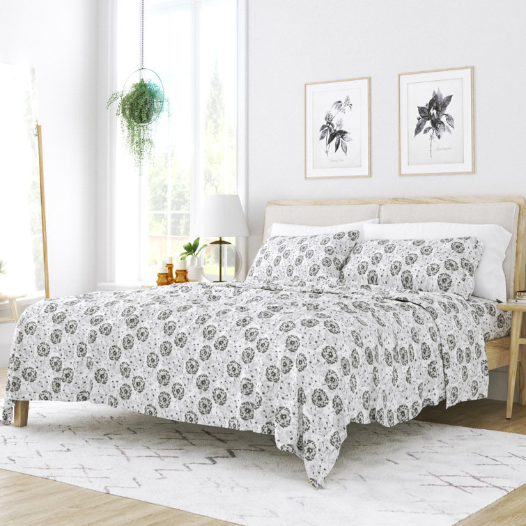 Gray Floral Deep Pocket Full Sheet Set with Pillowcases