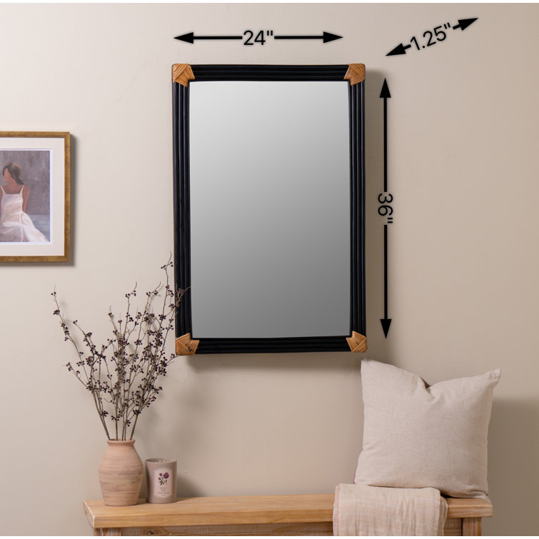 Black and Gold Rectangular Wall Mirror with Wooden Accents