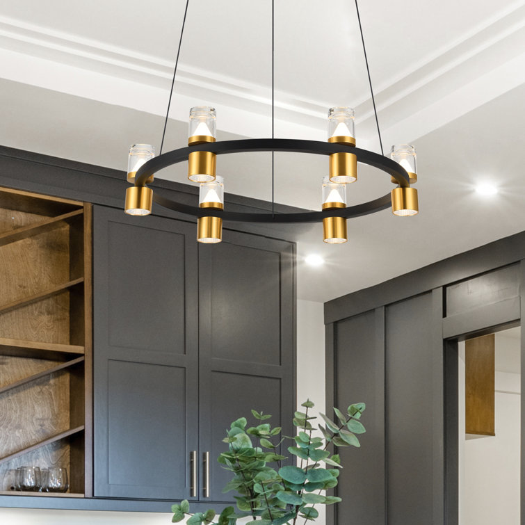 Black and Gold Adjustable LED Ring Chandelier with Crystal Shades