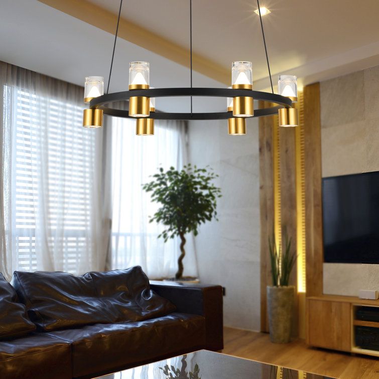 Black and Gold Adjustable LED Ring Chandelier with Crystal Shades