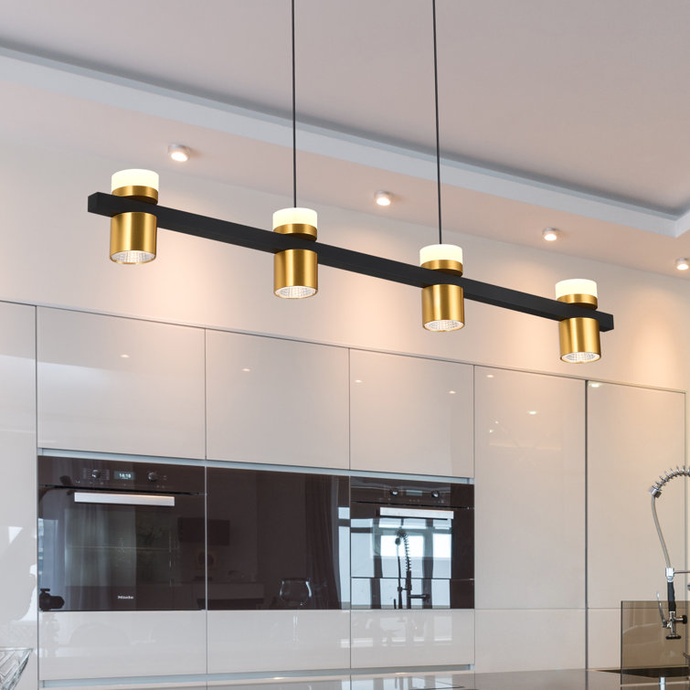 Ferro 34" Black Crystal LED Linear Chandelier with Gold Spotlights