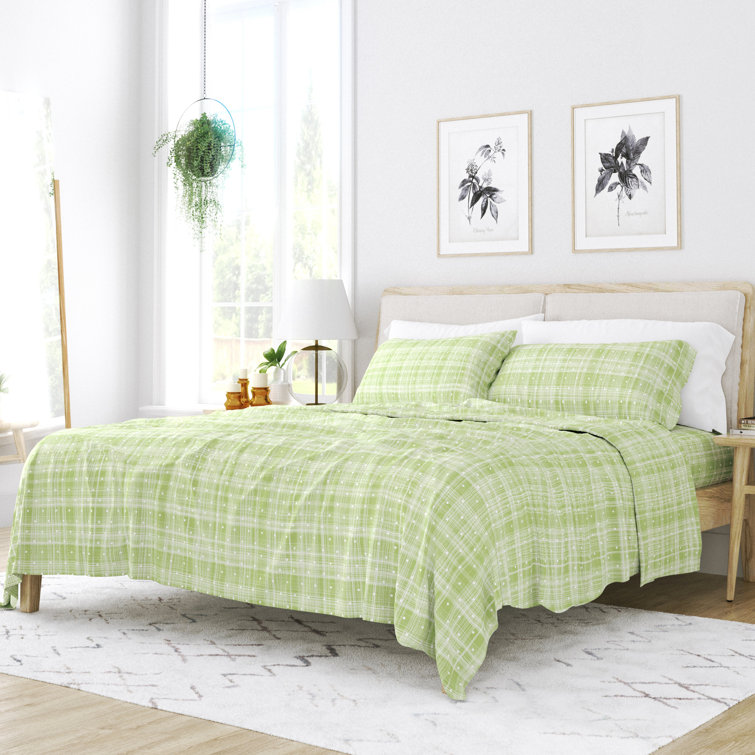Moss Green Plaid Polka Dot Twin Microfiber Sheet Set