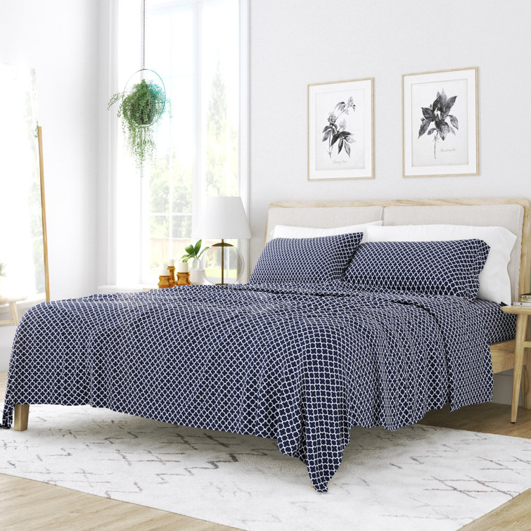 Navy and White Twin Cotton Microfiber Deep Pocket Sheet Set