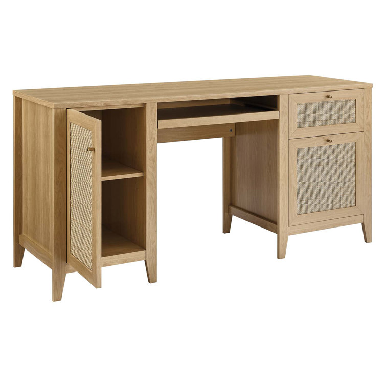 Oak Wood Office Desk with Rattan Weave and Storage