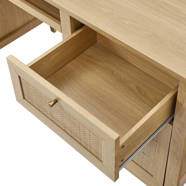 Oak Wood Office Desk with Rattan Weave and Storage