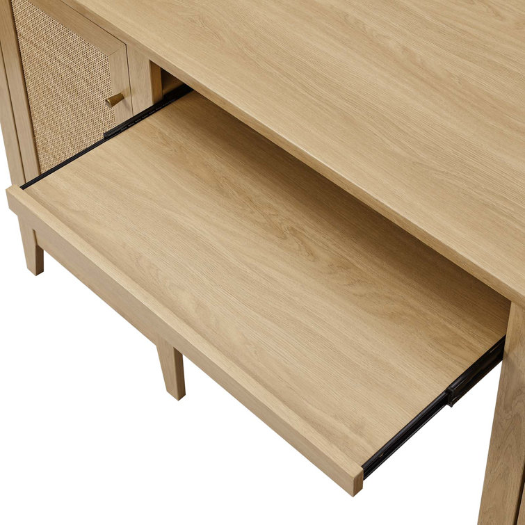 Oak Wood Office Desk with Rattan Weave and Storage