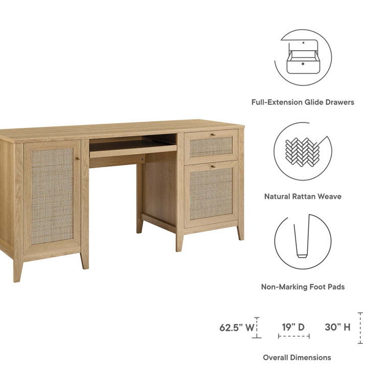 Oak Wood Office Desk with Rattan Weave and Storage
