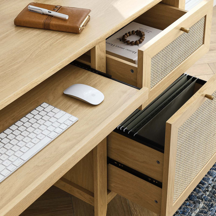 Oak Wood Office Desk with Rattan Weave and Storage