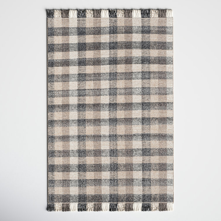 Cordelia Rectangular Plaid Wool Rug in Neutral Tones