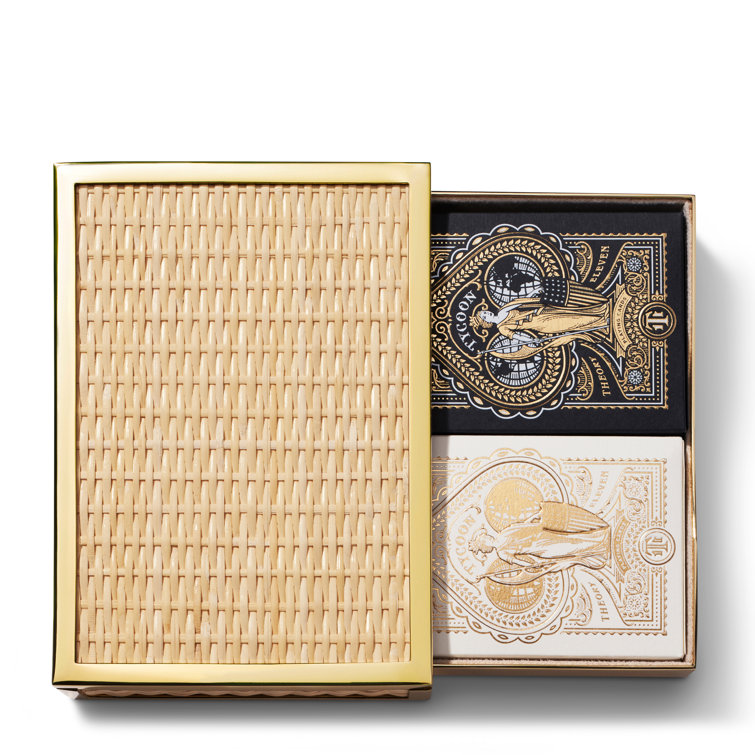 Elegant Brass and Cane Card Set with Suede Interior