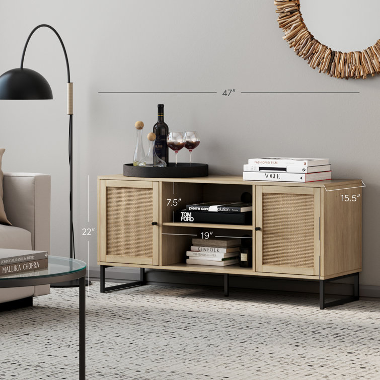 54'' Mina Matte Black and Light Oak Media Console with Rattan Cabinet Doors