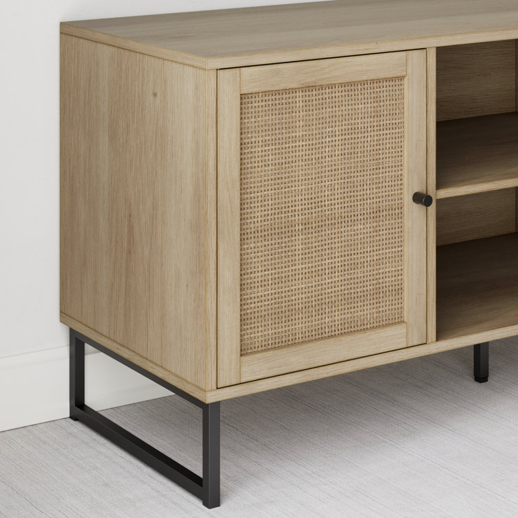 54'' Mina Matte Black and Light Oak Media Console with Rattan Cabinet Doors