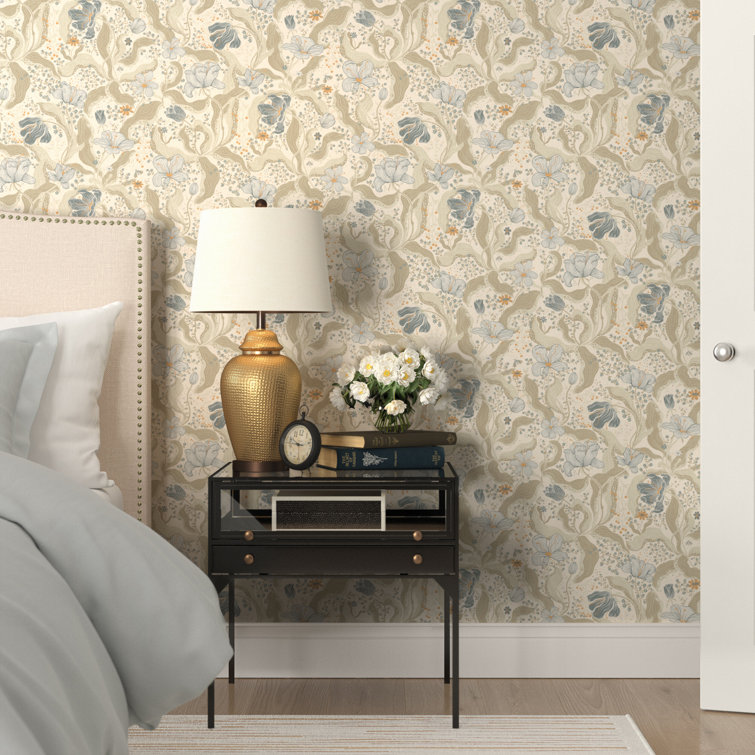 Light Blue and Beige Floral Non-Woven Wallpaper Roll