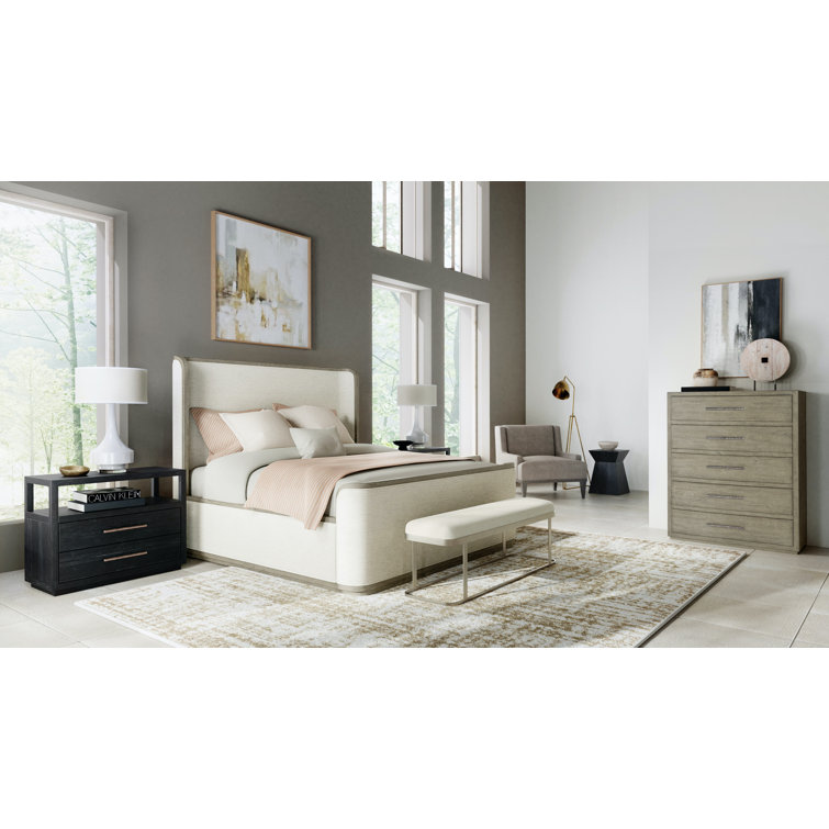 Beige and Gray Queen Upholstered Bed with Wood Frame