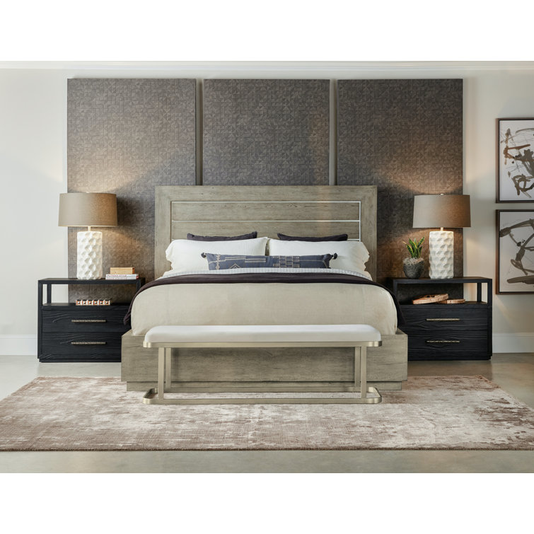Gray King Upholstered Wood Panel Bed with Drawer