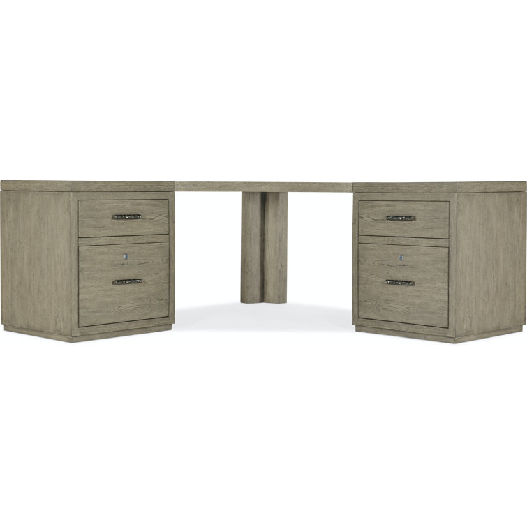 Gray Oak Corner Desk with Filing Cabinets and Drawers