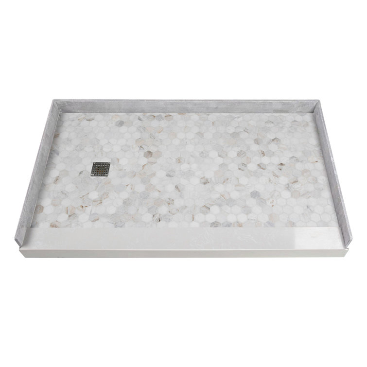 60-Inch Off-White Hexagon Pre-Tiled Shower Base with Left Drain