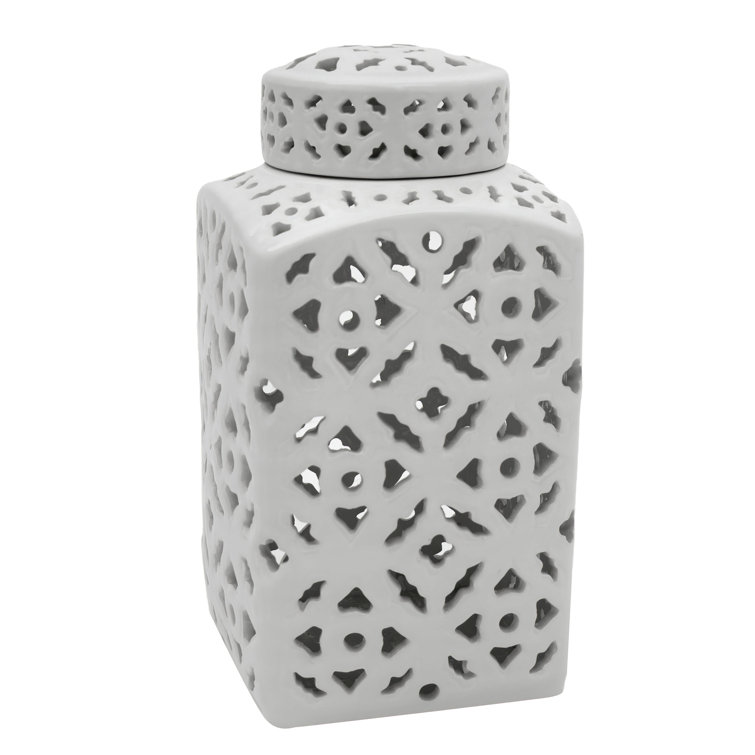 12" Glossy White Carved Ceramic Square Ginger Jar