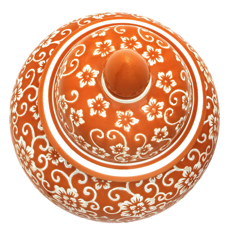 18" Orange and White Floral Porcelain Temple Jar