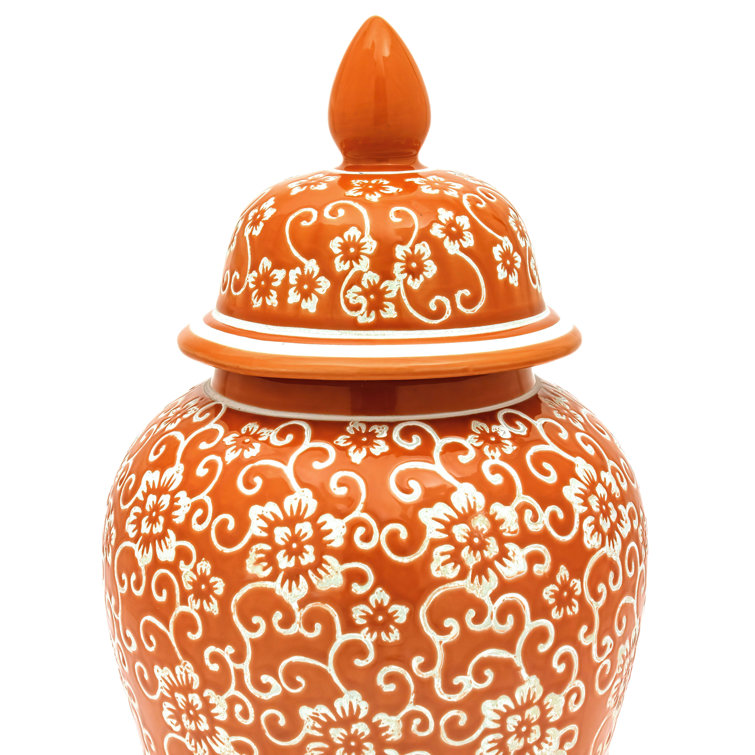 18" Orange and White Floral Porcelain Temple Jar