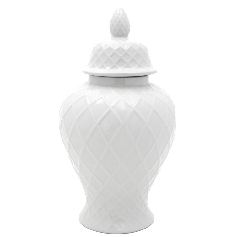 19.5" Glossy White Porcelain Diamond Pattern Temple Jar