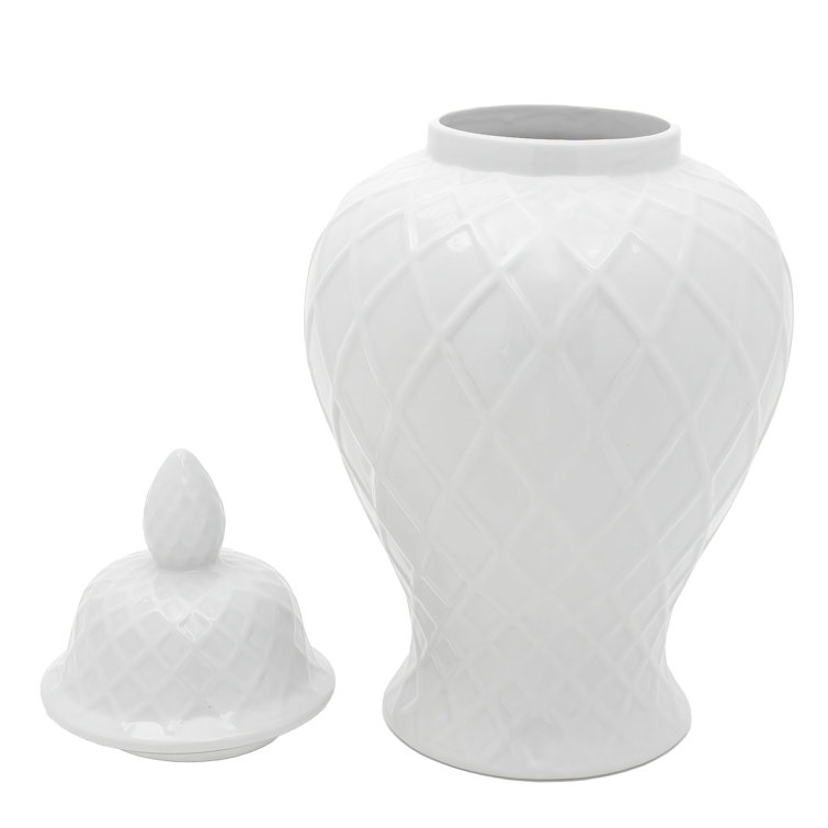 19.5" Glossy White Porcelain Diamond Pattern Temple Jar