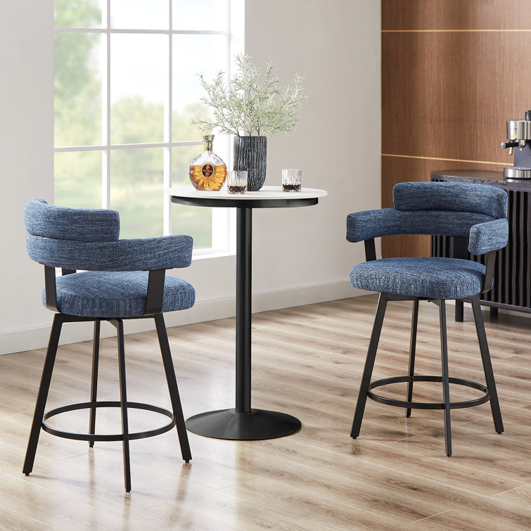 Blue Upholstered Swivel Counter Stools with Steel Frame, Set of 2