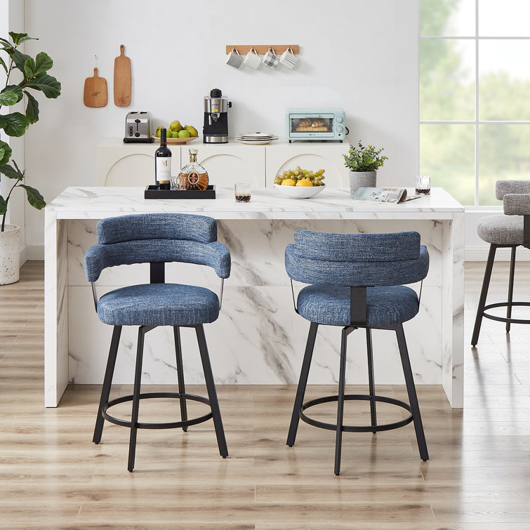 Blue Upholstered Swivel Counter Stools with Steel Frame, Set of 2