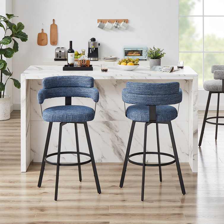 Blue Upholstered Swivel Bar Stools with Metal Frame, Set of 2