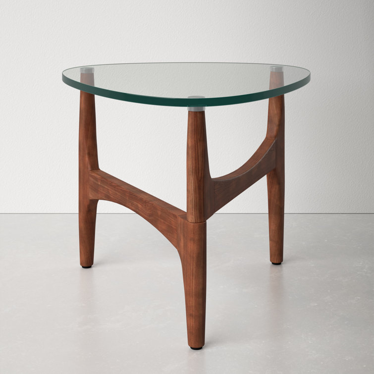 Triangular Clear Glass and Walnut End Table
