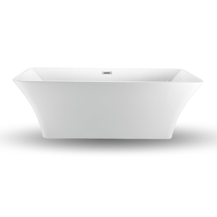 71'' Glossy White Acrylic Freestanding Soaking Bathtub with Bamboo Tray