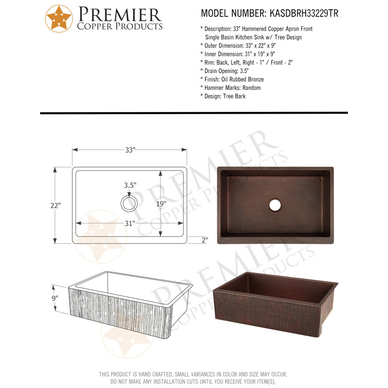 33'' Oil Rubbed Bronze Copper Farmhouse Drop-in Sink