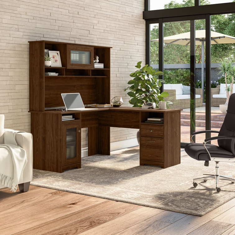 Modern Walnut L-Shaped Desk with Hutch and USB Hub