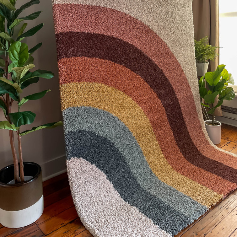 Rainbow Stripe Multicolor Shag Area Rug with Jute Backing