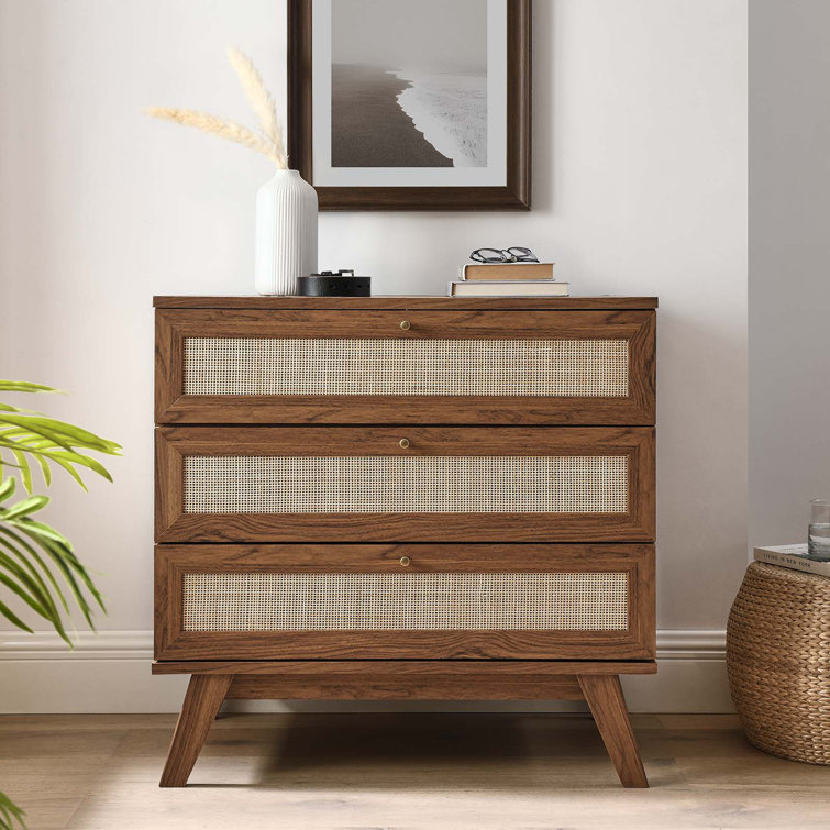 Walnut 3-Drawer Dresser with Rattan Weave Fronts
